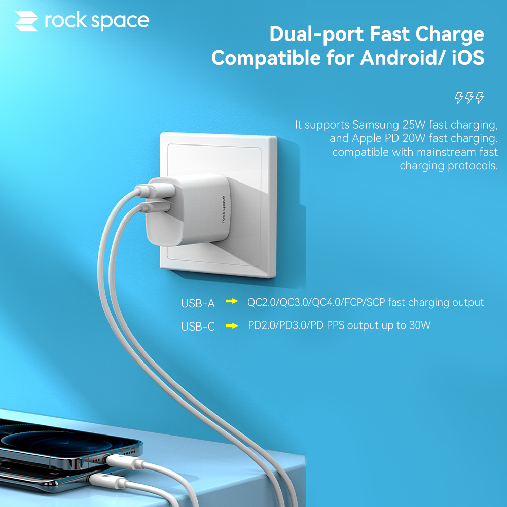 REGO Communication Sdn Bhd - Rock Space | rock space T51 Dual A+C 30W PD Travel Charger 