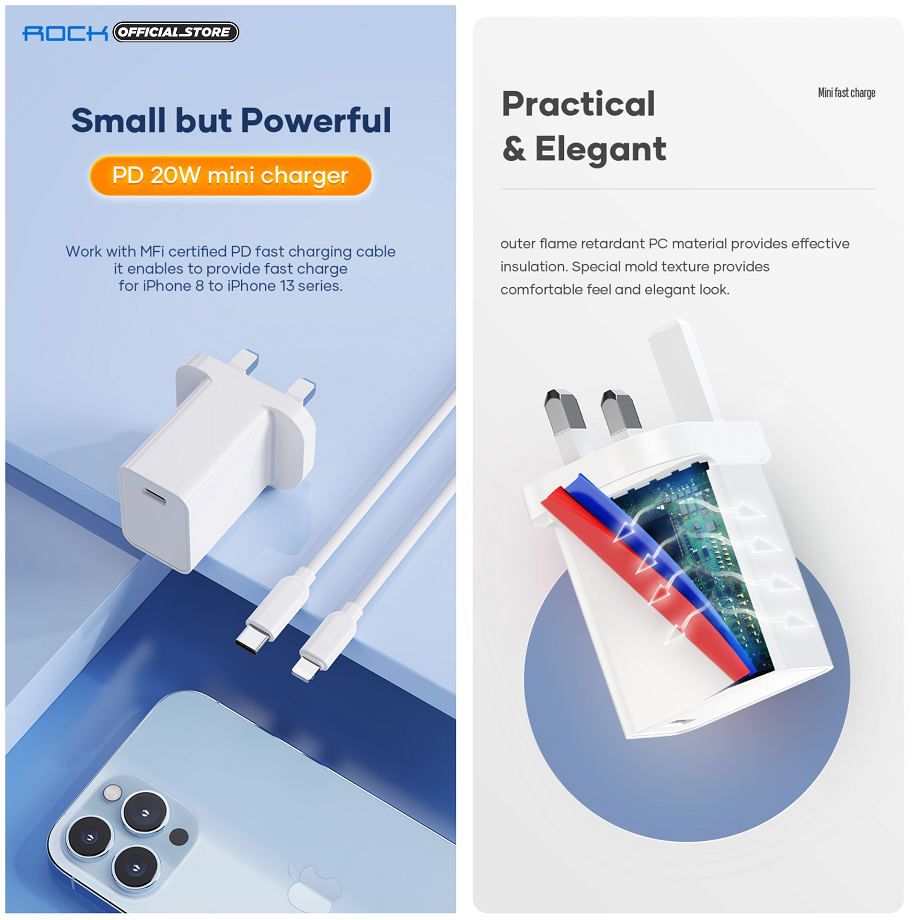 REGO Communication Sdn Bhd - Rock Space | ROCK T19 PD20W USB-C Charger (Free) Fast Charging Type-C to lightning Cable Combo Deal For iPhone 13 Series