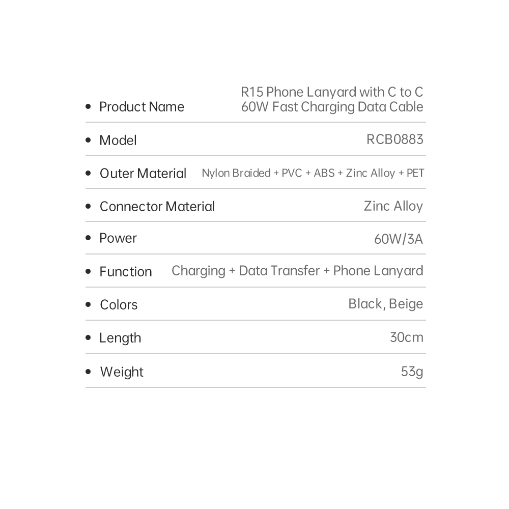 REGO Communication Sdn Bhd - Rock Space | ROCK R15 Phone Lanyard with Type C to C 60W Fast Charging Data Cable